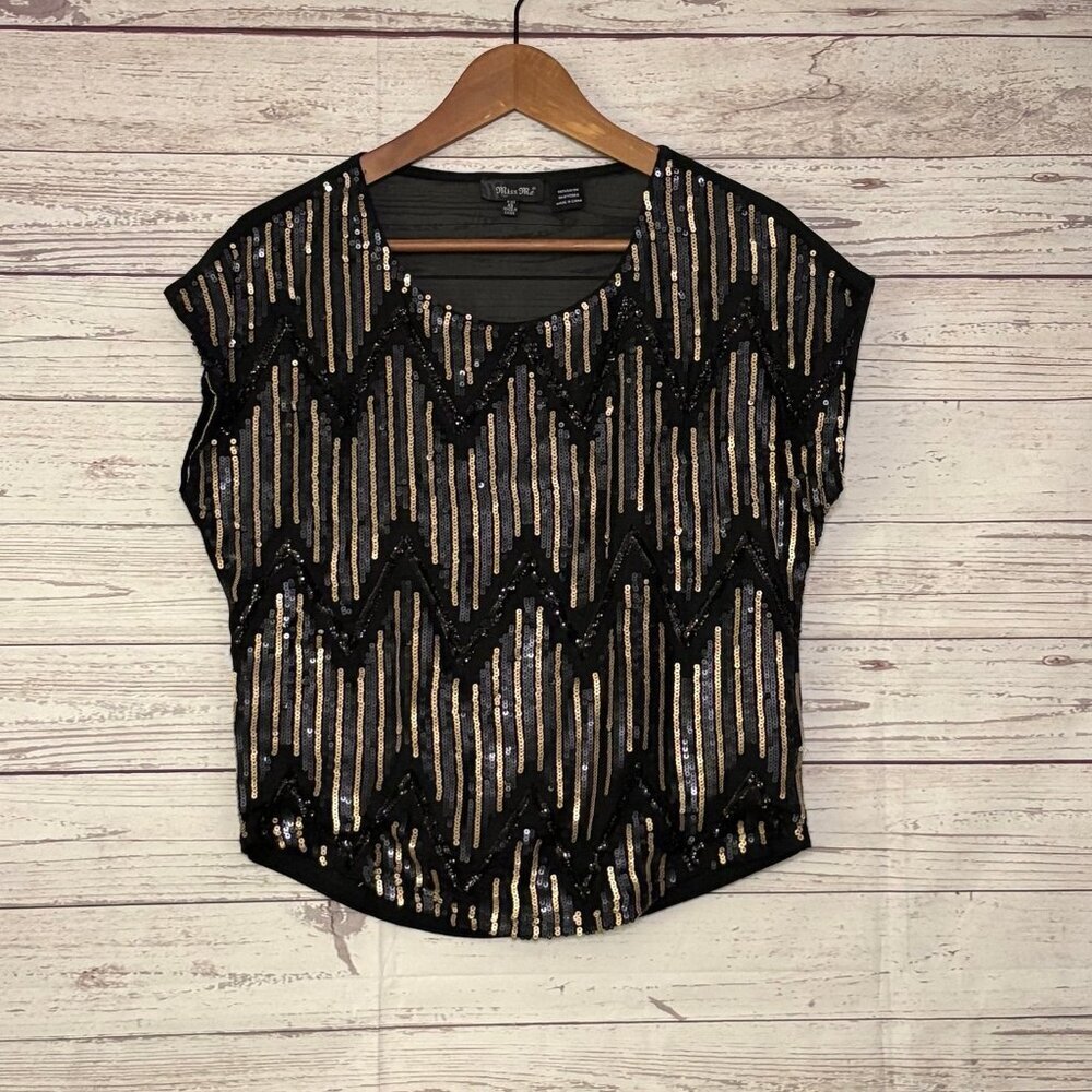 Miss Me Cocktail Hour Top Blk Gld Blue Sequins XS